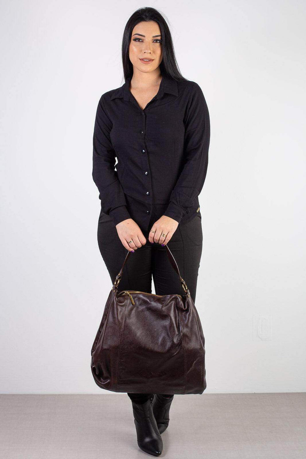 Bolsa saco grande de couro liso Cris - Enluaze