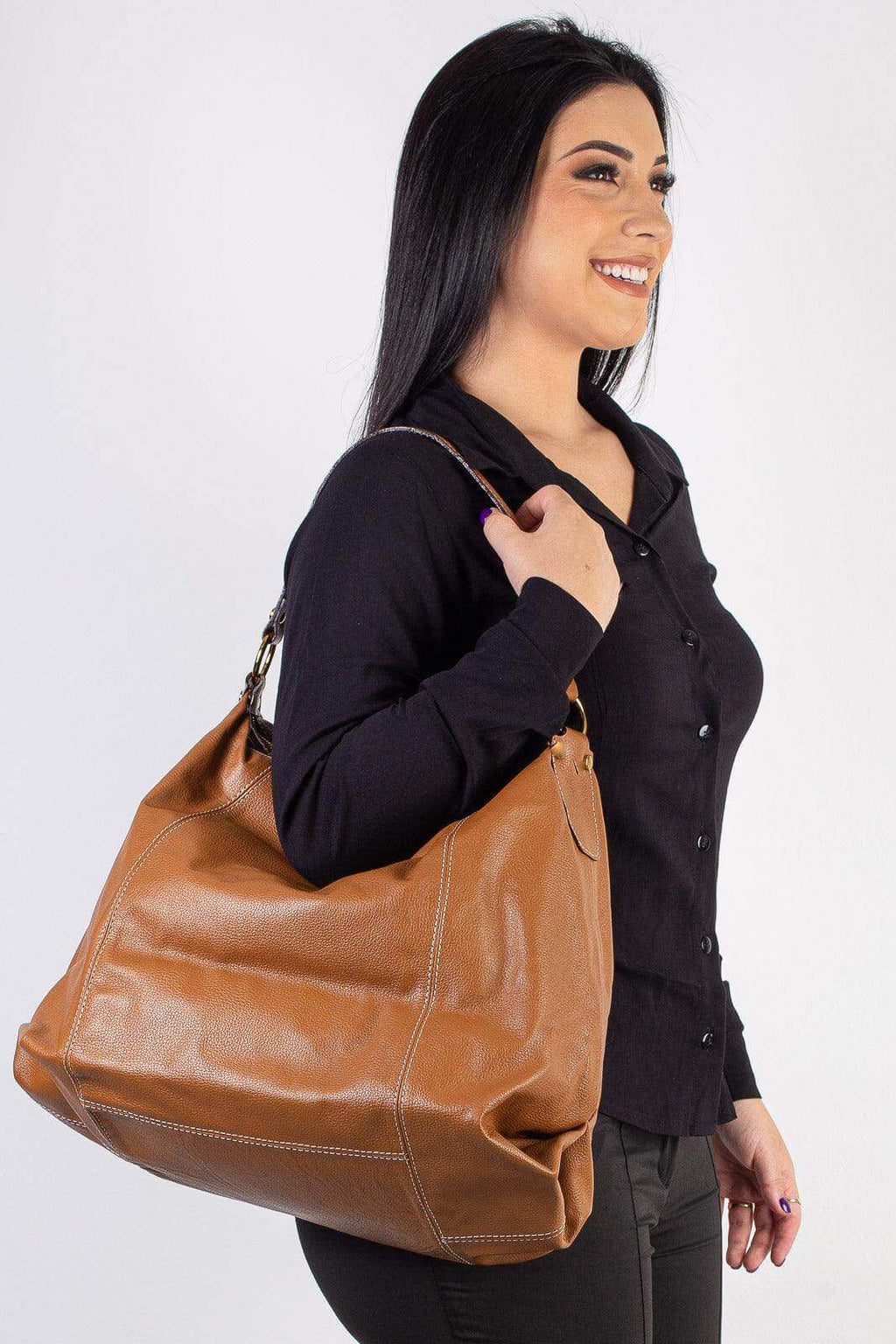 Bolsa saco grande de couro liso Cris - Enluaze