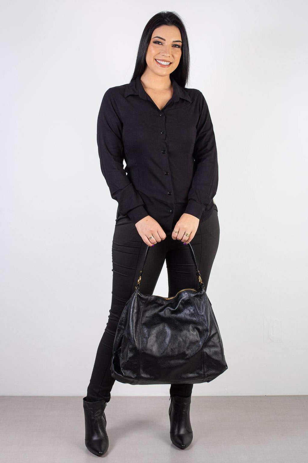 Bolsa saco grande de couro liso Cris - Enluaze