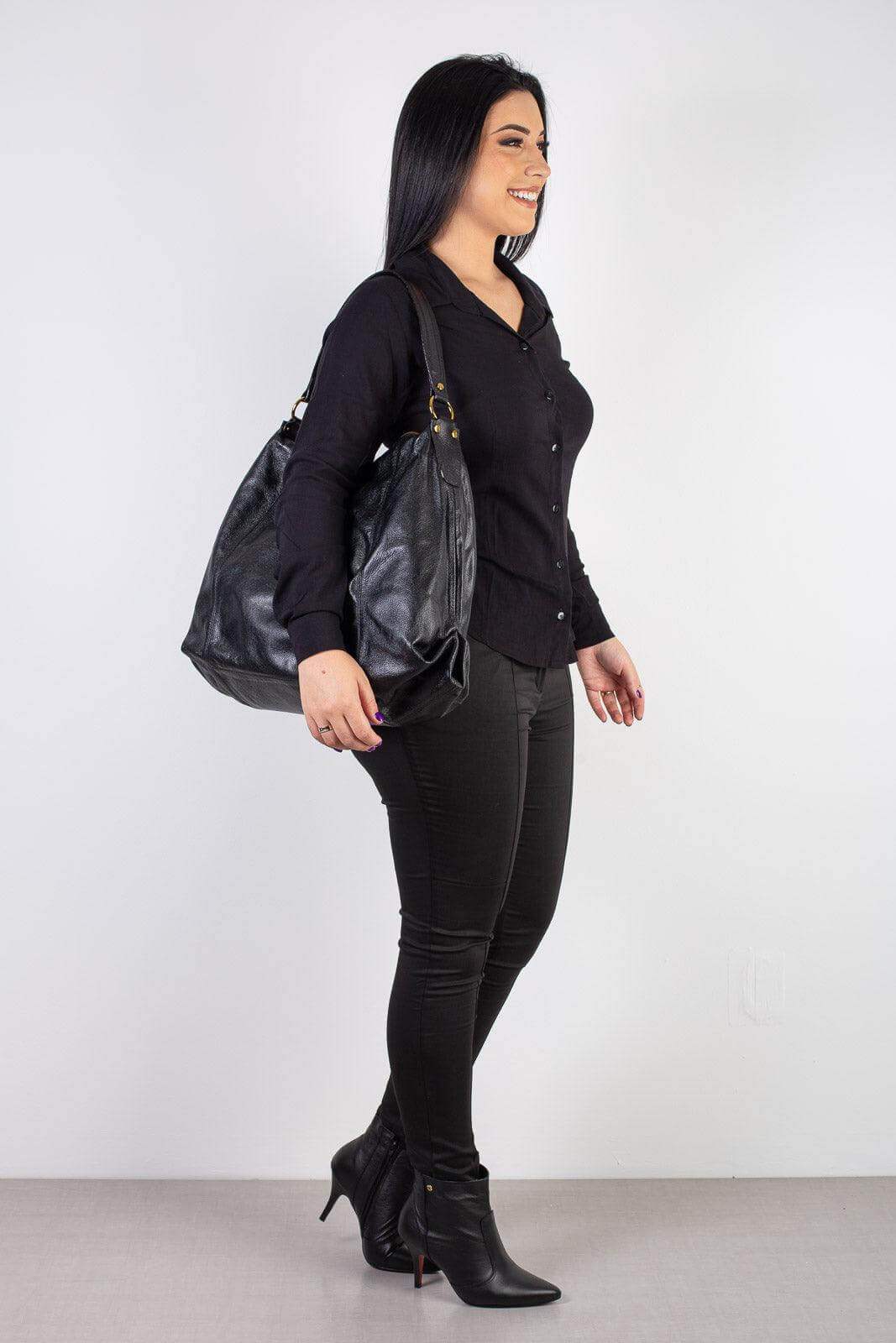 Bolsa saco grande de couro liso Cris - Enluaze