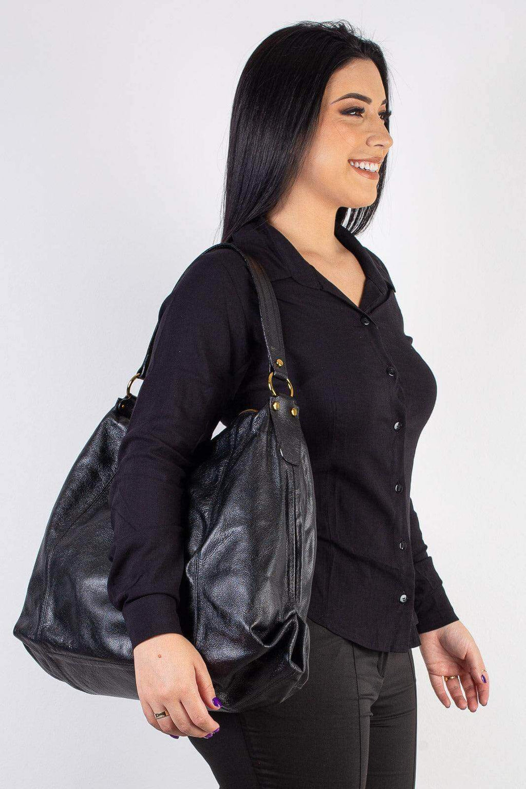 Bolsa saco grande de couro liso Cris - Enluaze