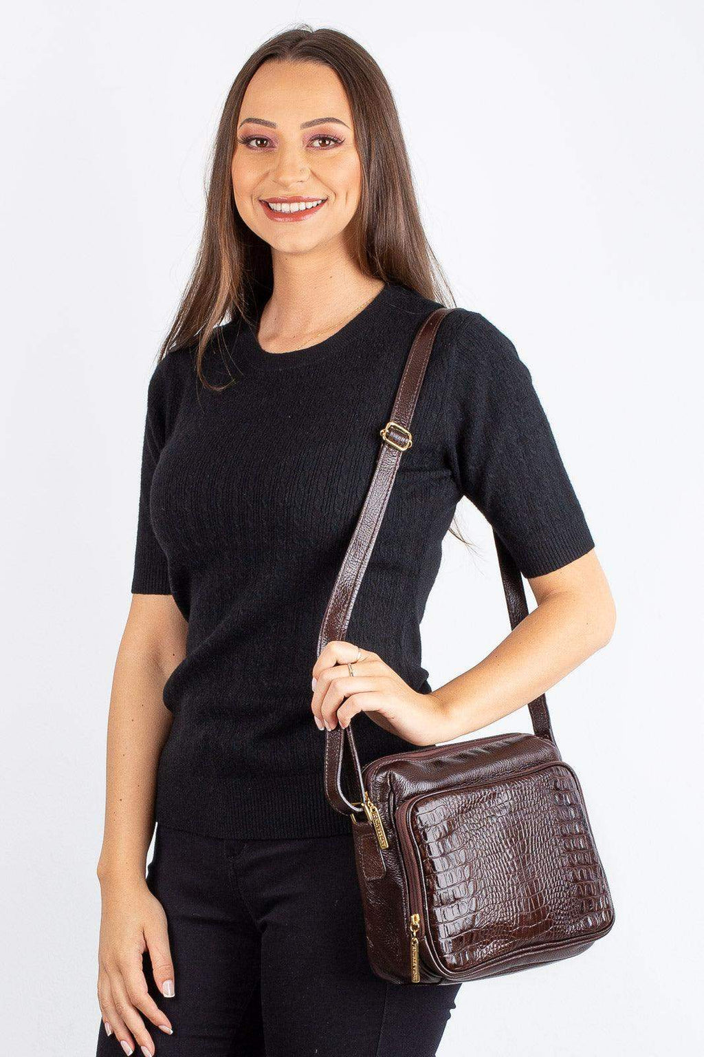 Bolsa de couro croco tiracolo com divisórias Rita - Enluaze
