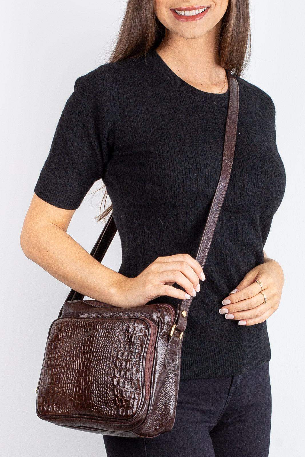 Bolsa de couro croco tiracolo com divisórias Rita - Enluaze