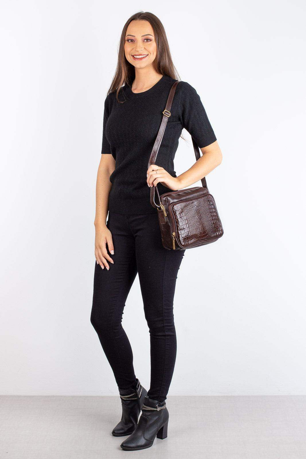 Bolsa de couro croco tiracolo com divisórias Rita - Enluaze