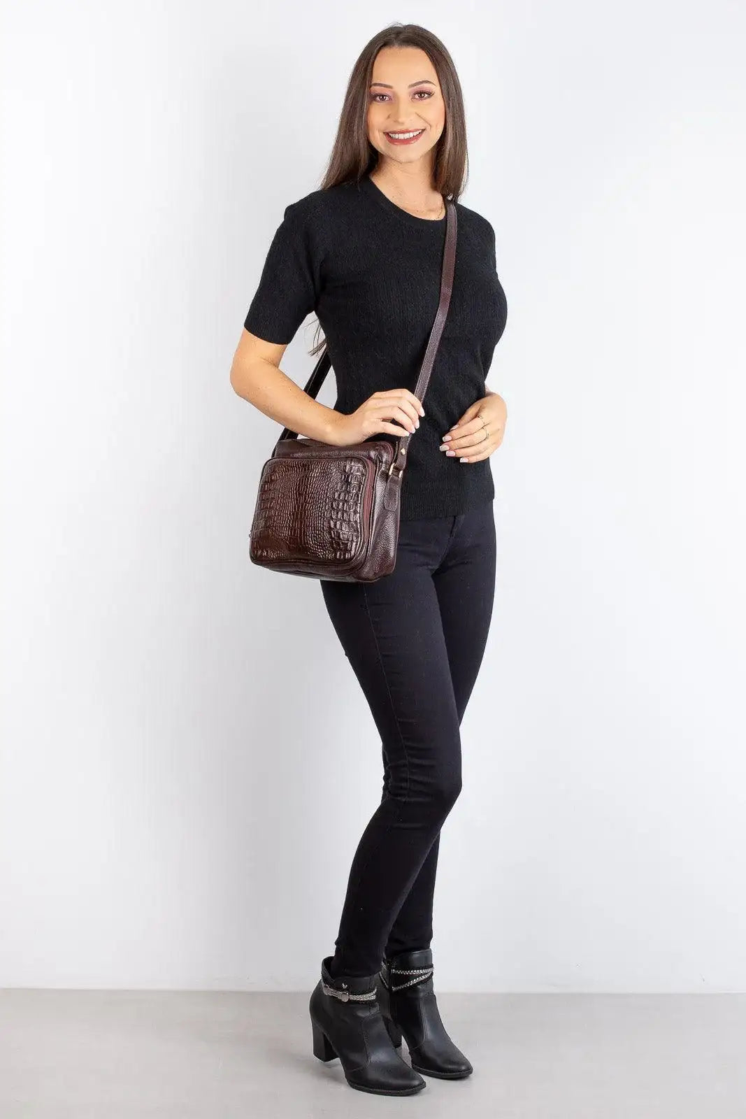 Bolsa de couro croco tiracolo com divisórias Rita - Enluaze
