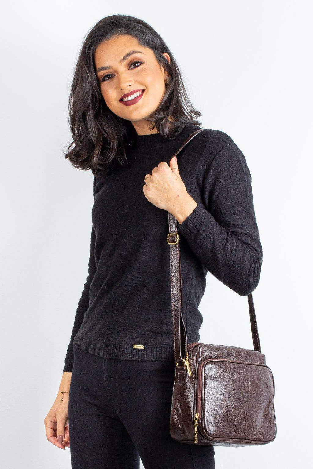 Bolsa de couro liso tiracolo com divisórias Rita - Enluaze