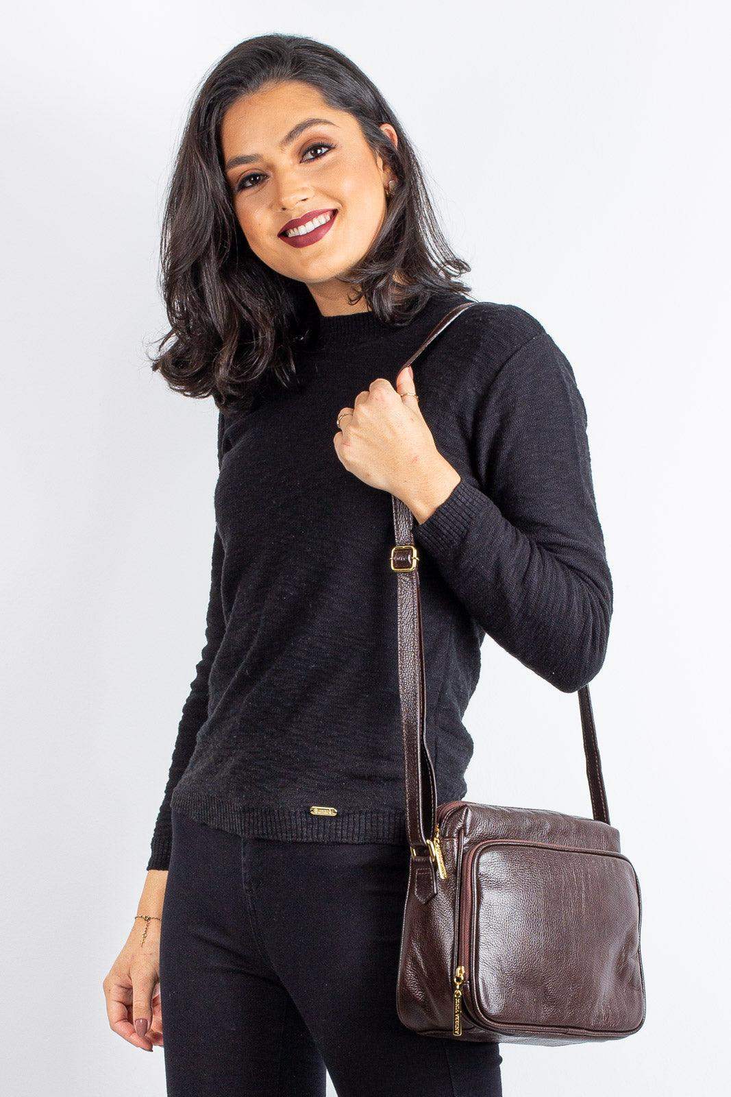 Bolsa de couro liso tiracolo com divisórias Rita - Enluaze