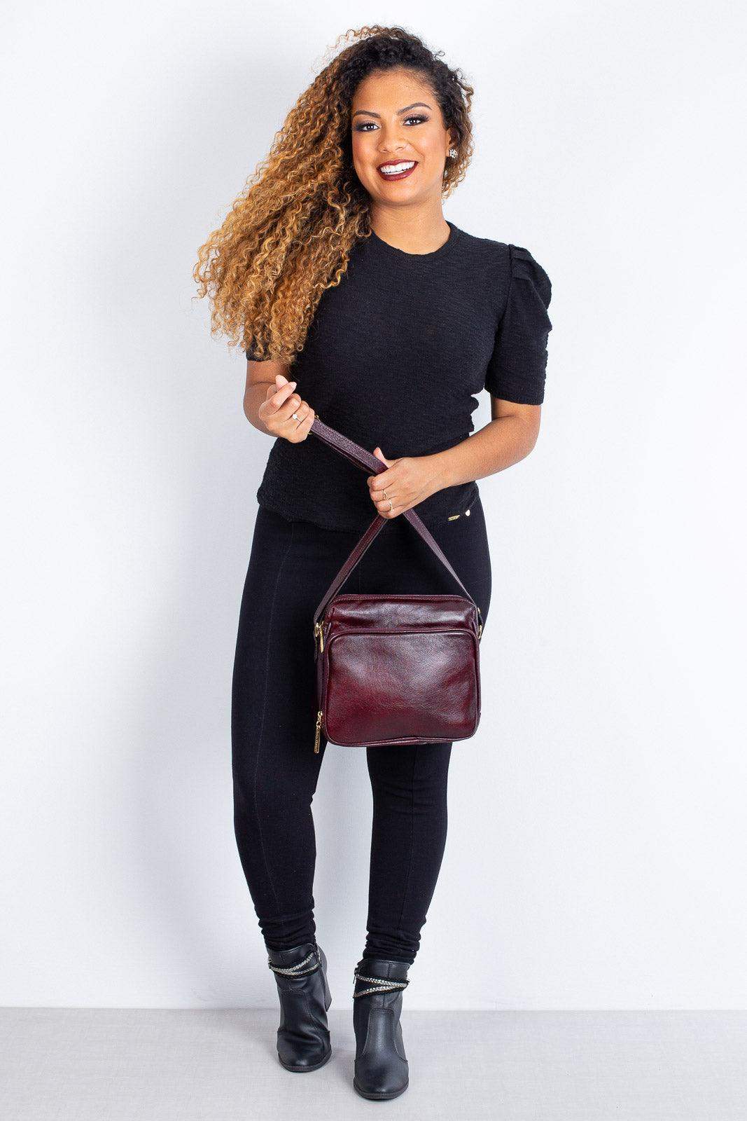 Bolsa de couro liso tiracolo com divisórias Rita - Enluaze