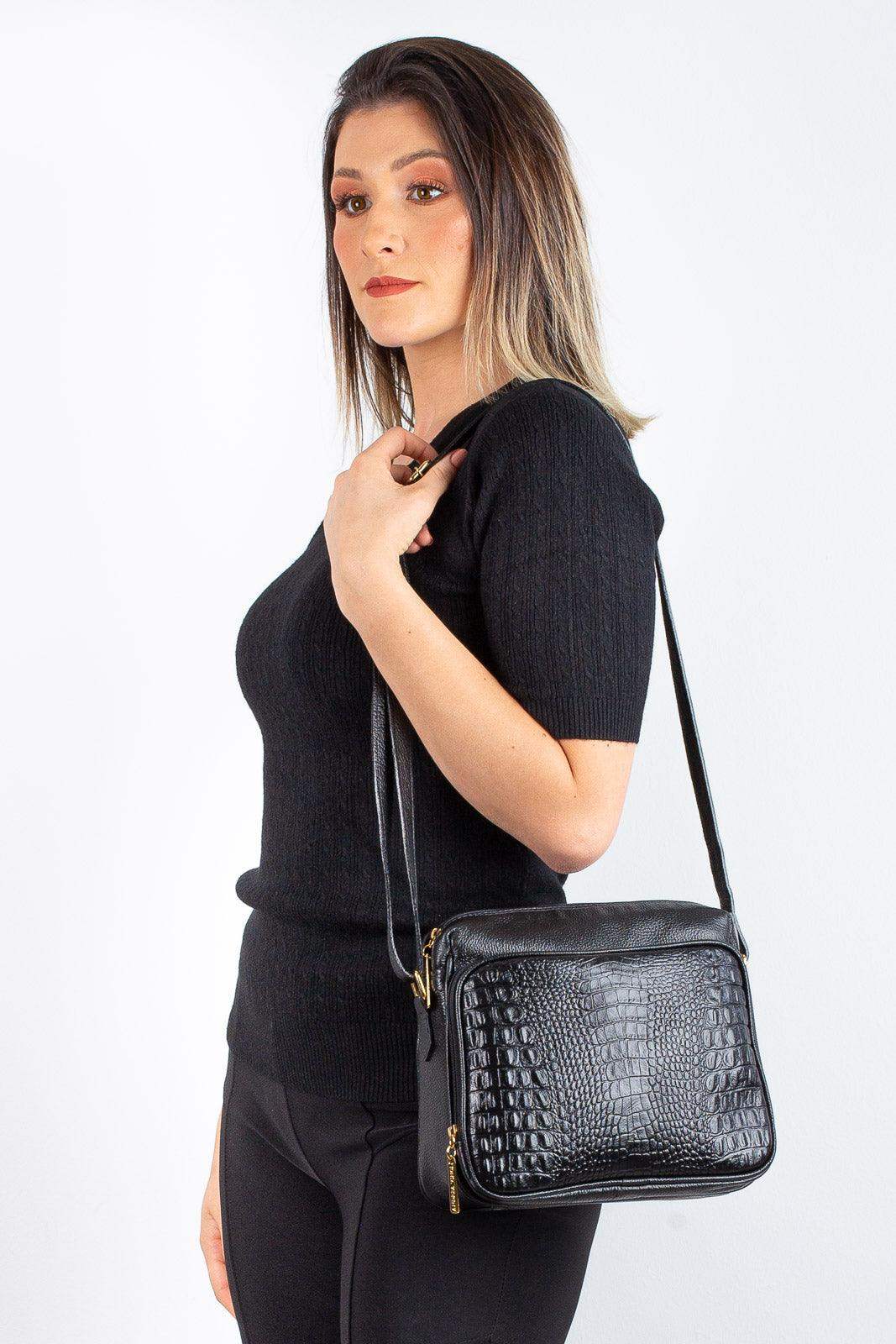 Bolsa de couro croco tiracolo com divisórias Rita - Enluaze