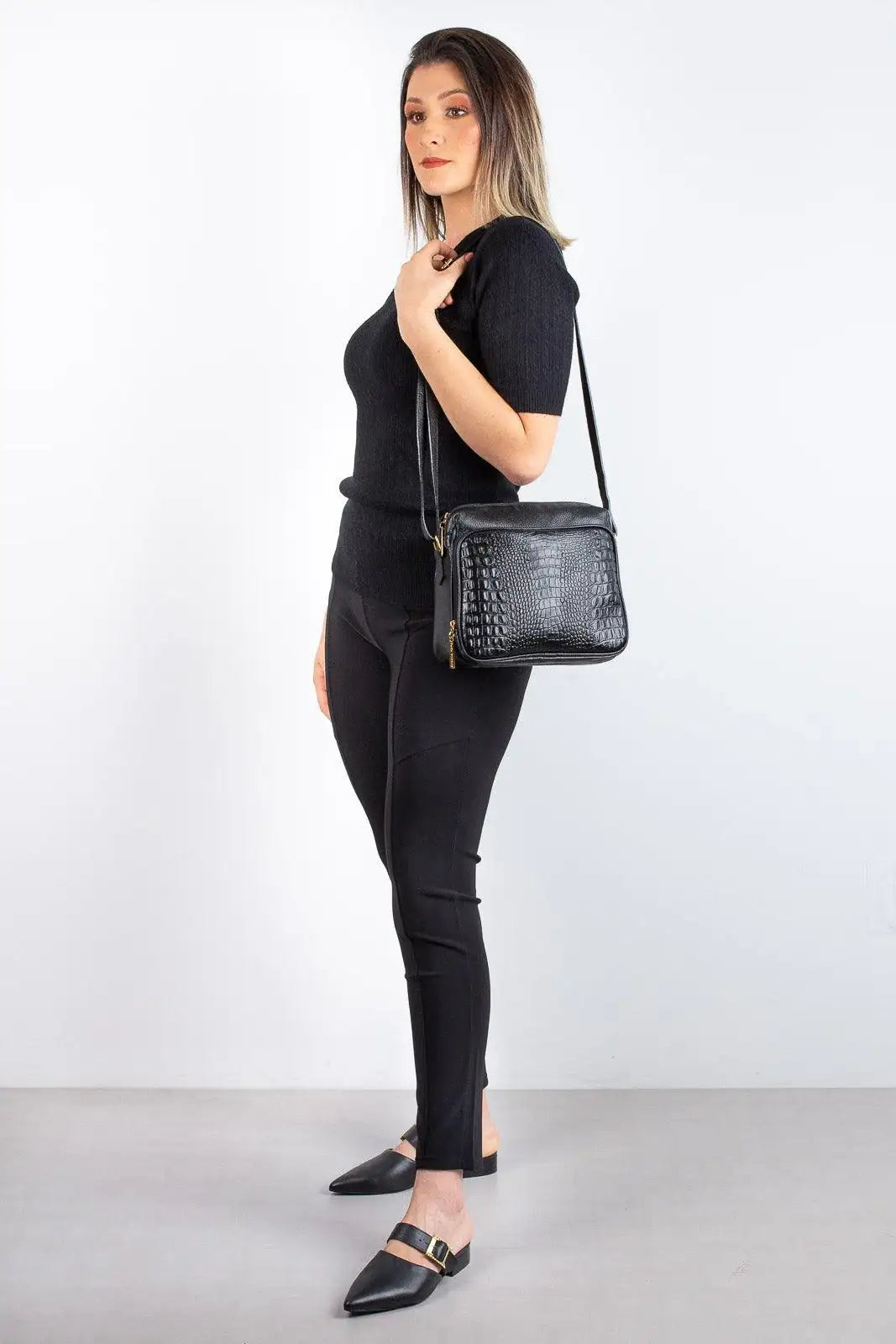 Bolsa de couro croco tiracolo com divisórias Rita - Enluaze