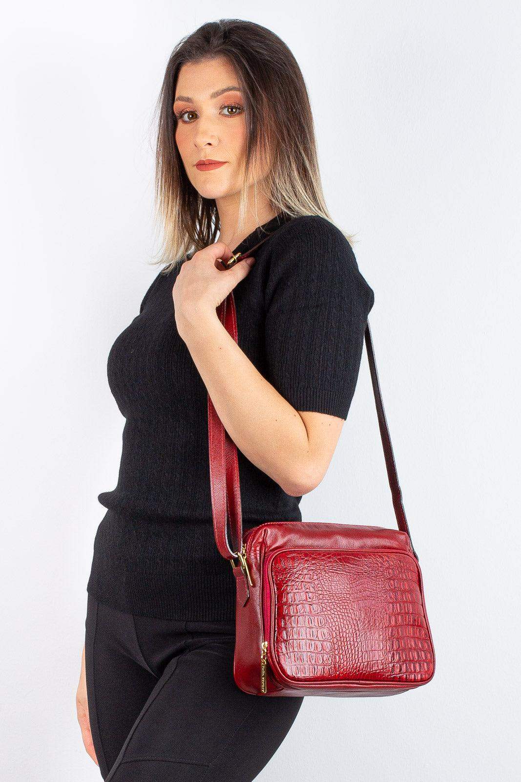 Bolsa de couro croco tiracolo com divisórias Rita - Enluaze
