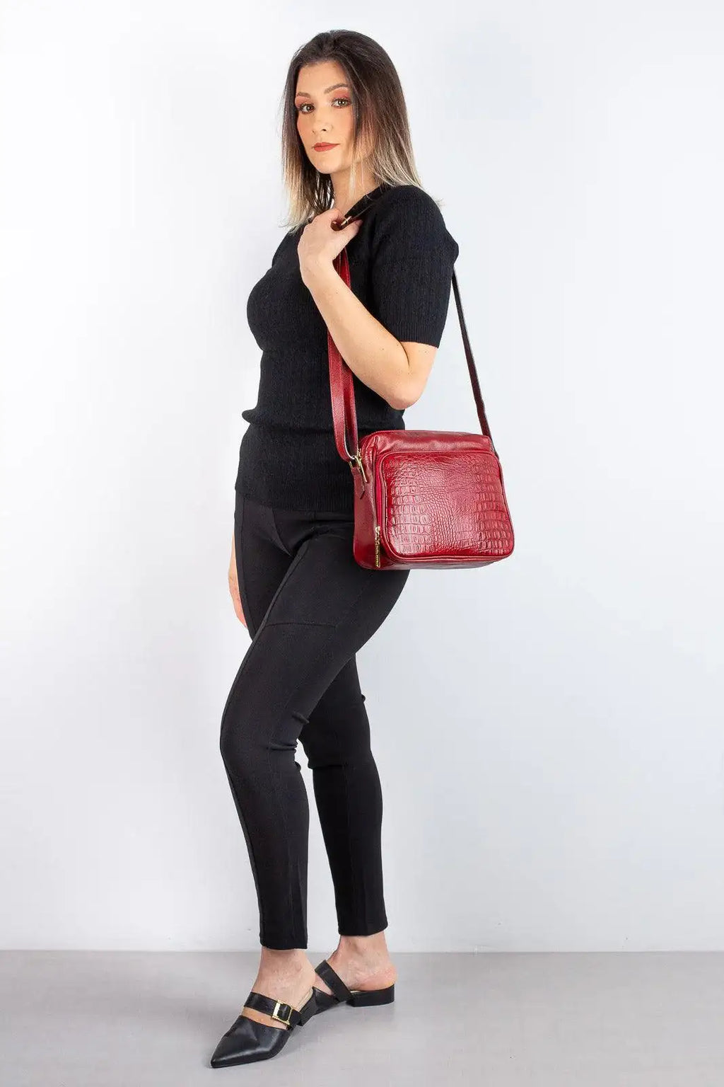 Bolsa de couro croco tiracolo com divisórias Rita - Enluaze