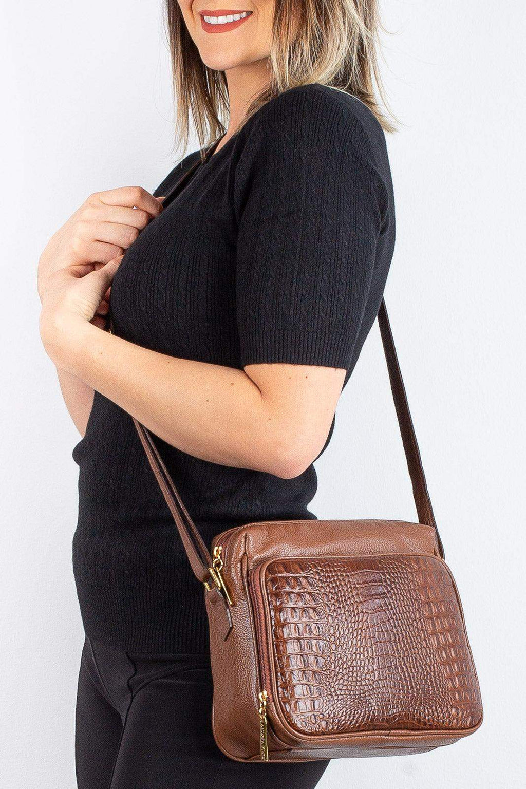 Bolsa de couro croco tiracolo com divisórias Rita - Enluaze