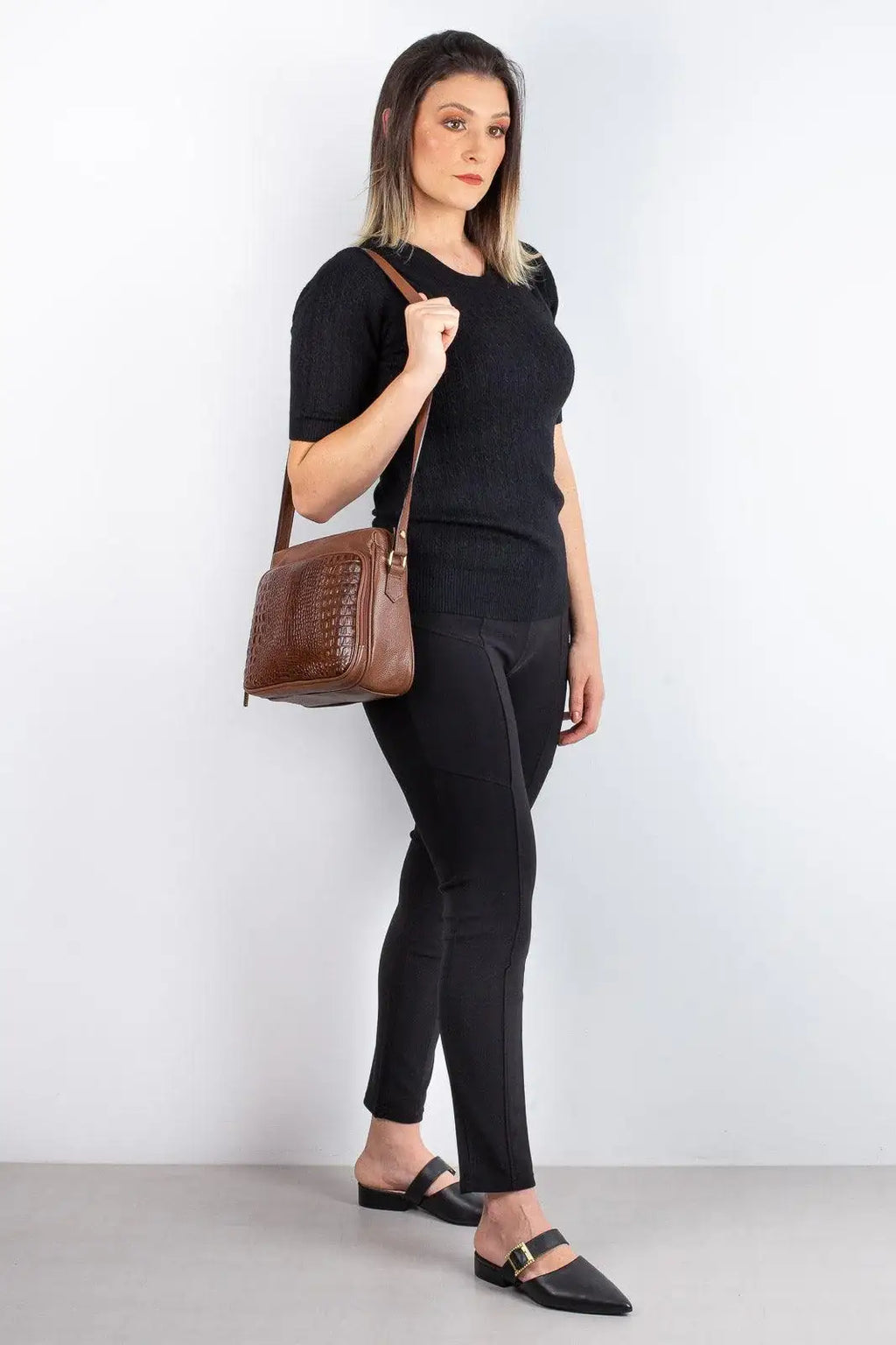 Bolsa de couro croco tiracolo com divisórias Rita - Enluaze