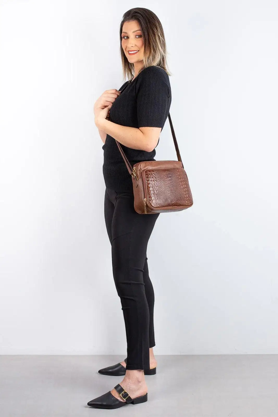Bolsa de couro croco tiracolo com divisórias Rita - Enluaze