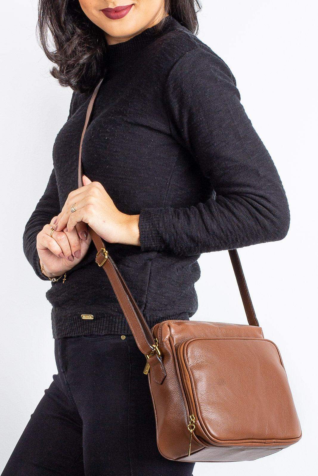 Bolsa de couro liso tiracolo com divisórias Rita - Enluaze