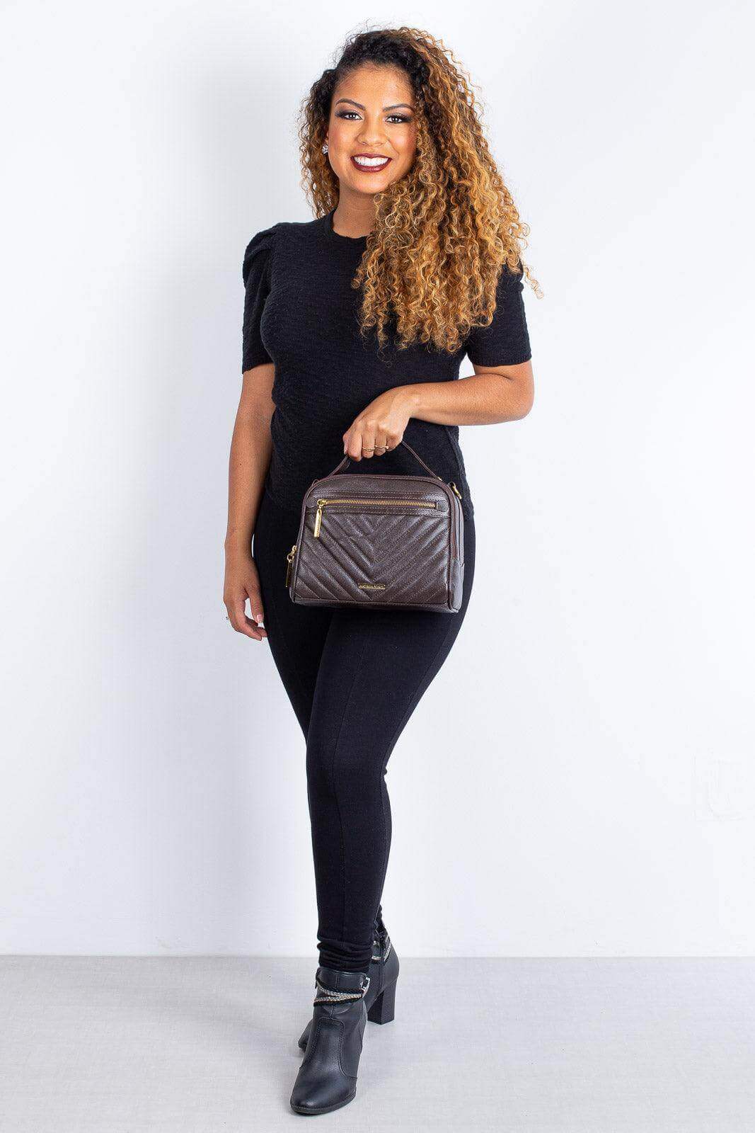 Bolsa baú pequena de couro liso Lara - Enluaze