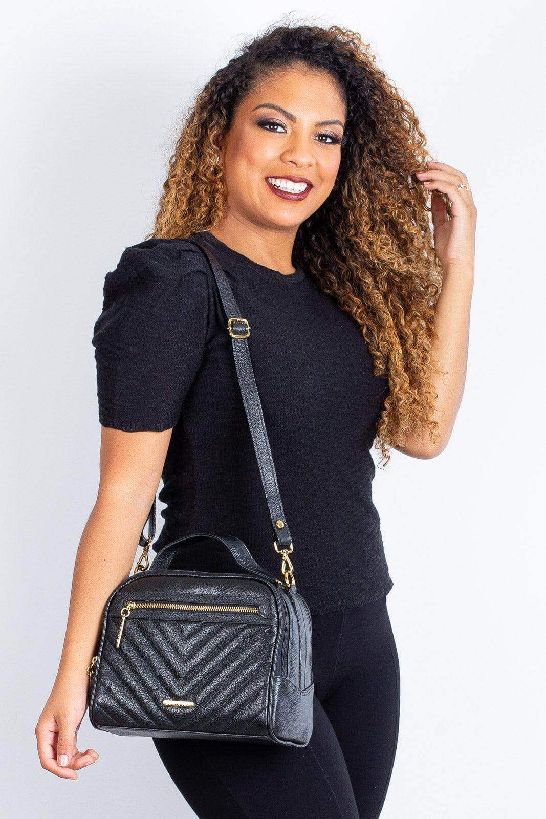 Bolsa baú pequena de couro liso Lara - Enluaze