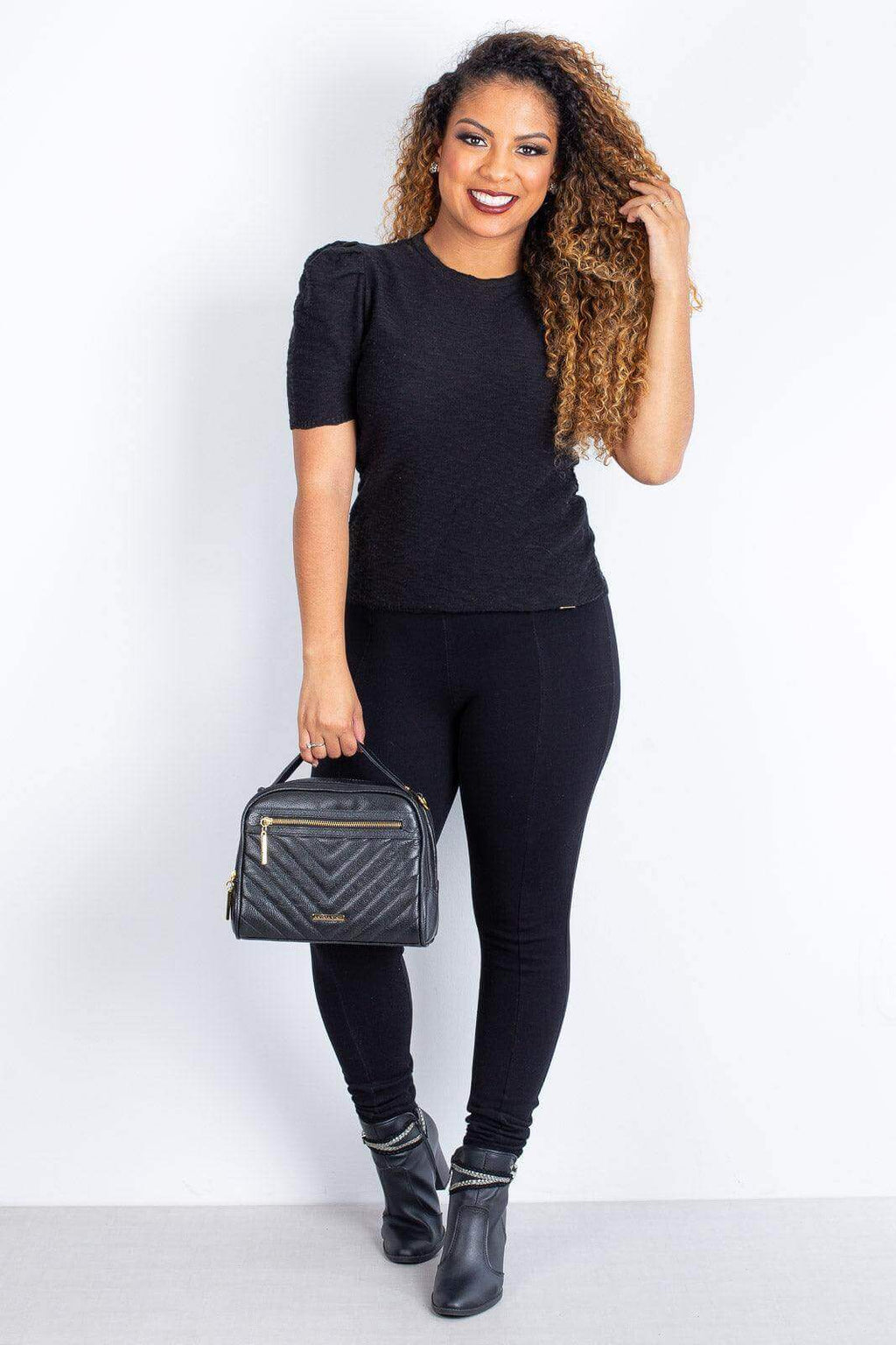 Bolsa baú pequena de couro liso Lara - Enluaze