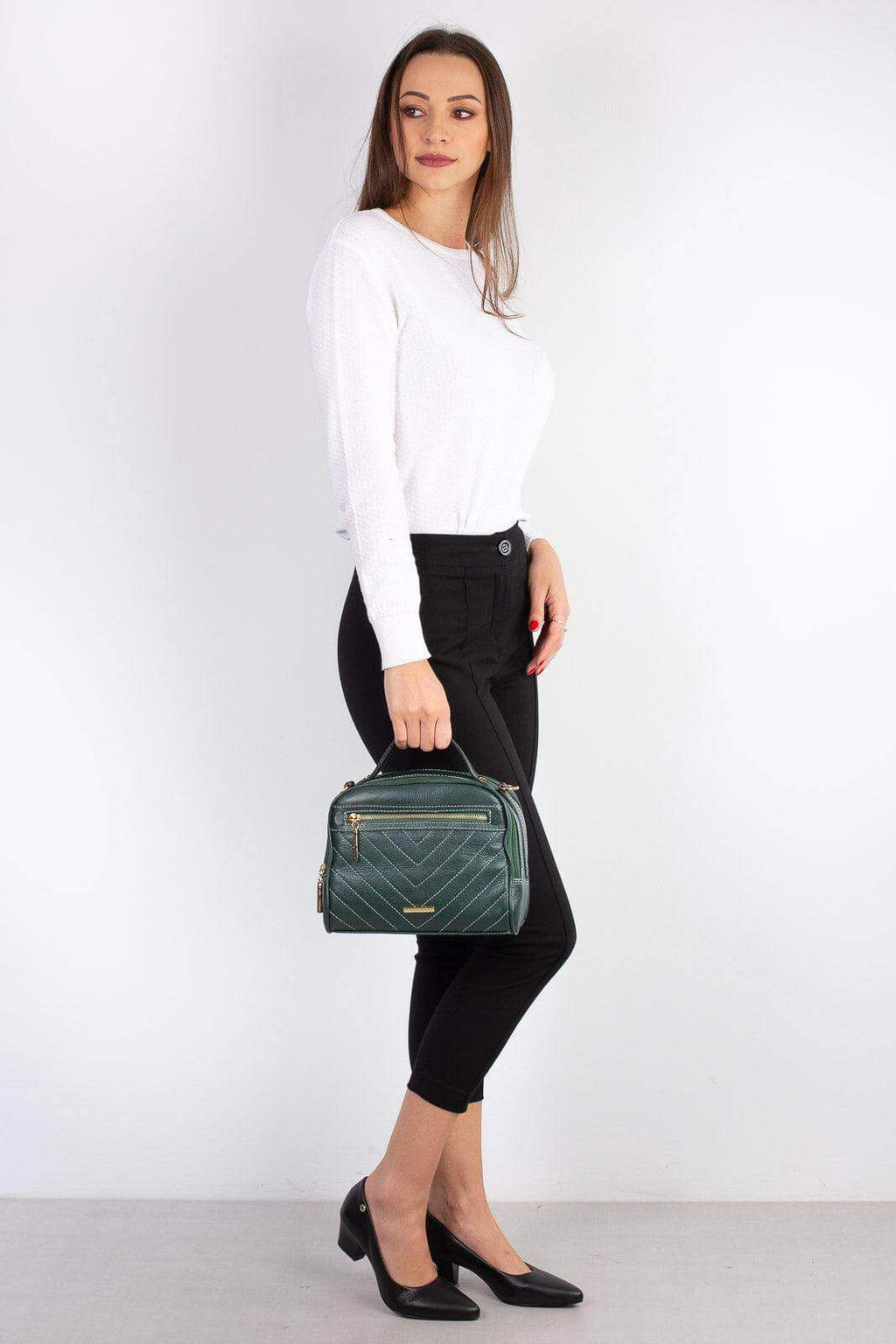 Bolsa baú pequena de couro liso Lara - Enluaze