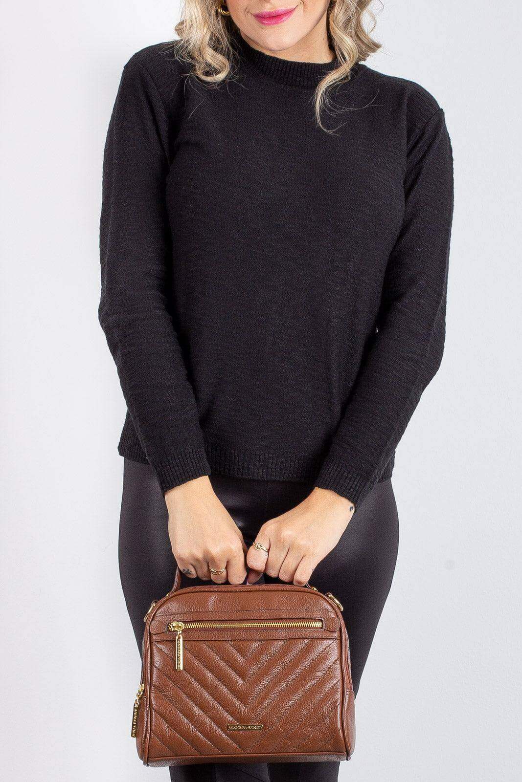 Bolsa baú pequena de couro liso Lara - Enluaze