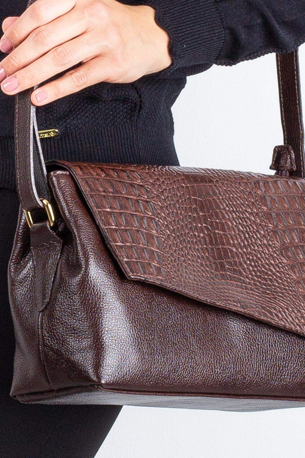 Bolsa tiracolo de couro croco com tampa Rose - Enluaze