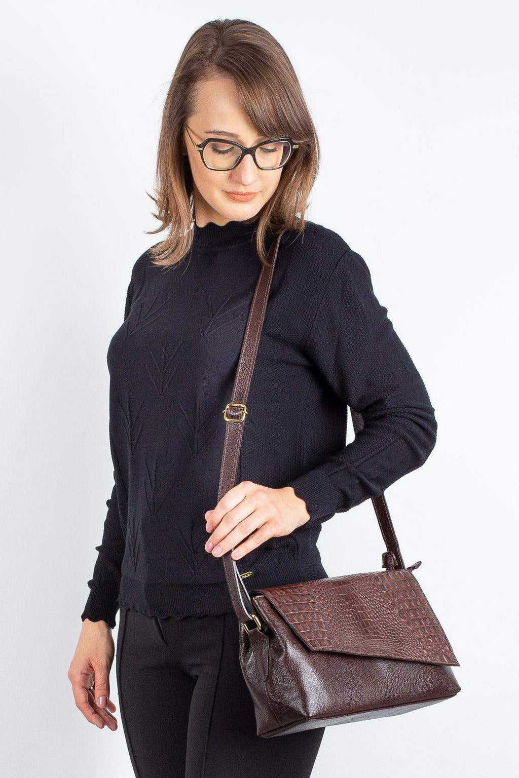 Bolsa tiracolo de couro croco com tampa Rose - Enluaze