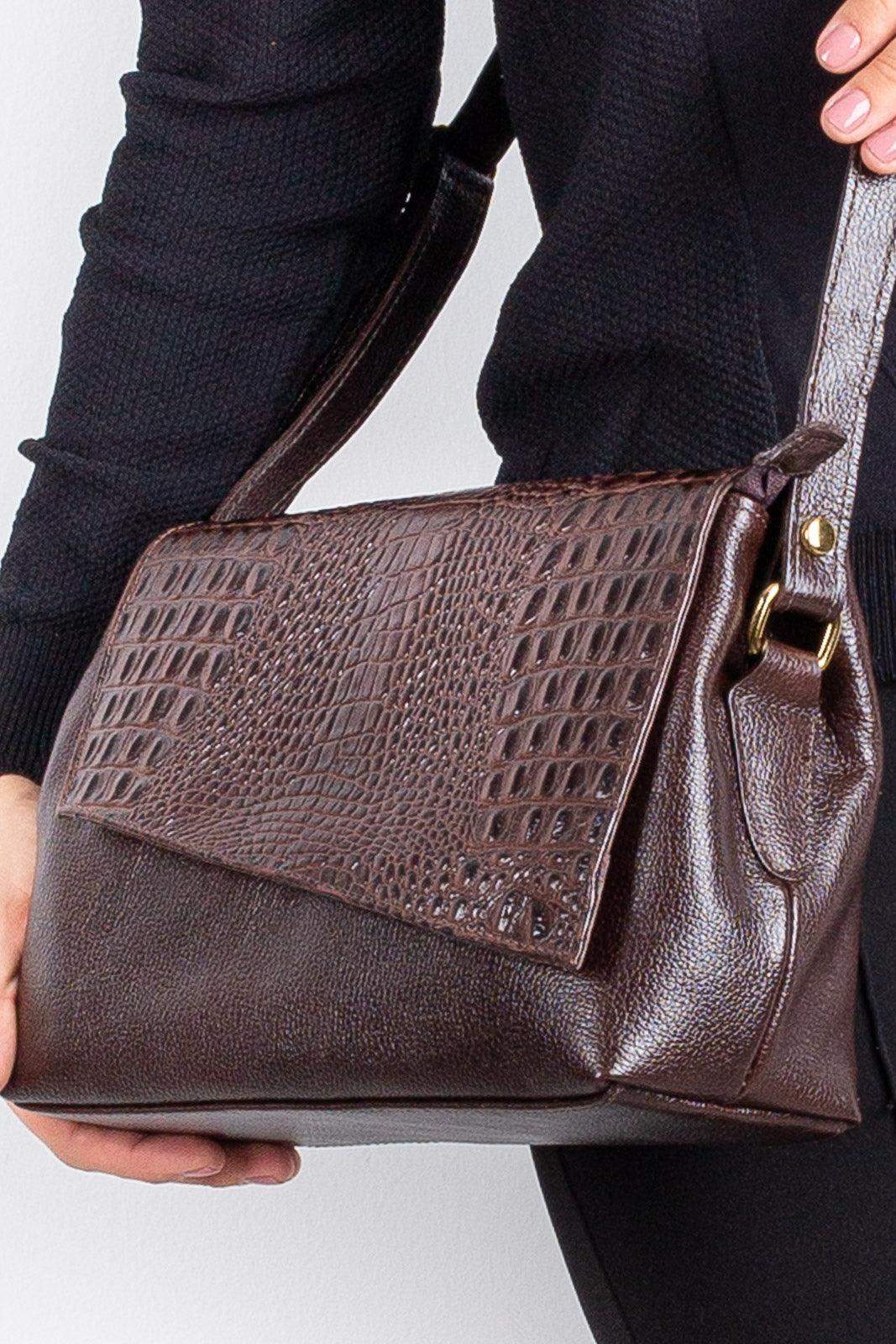 Bolsa tiracolo de couro croco com tampa Rose - Enluaze