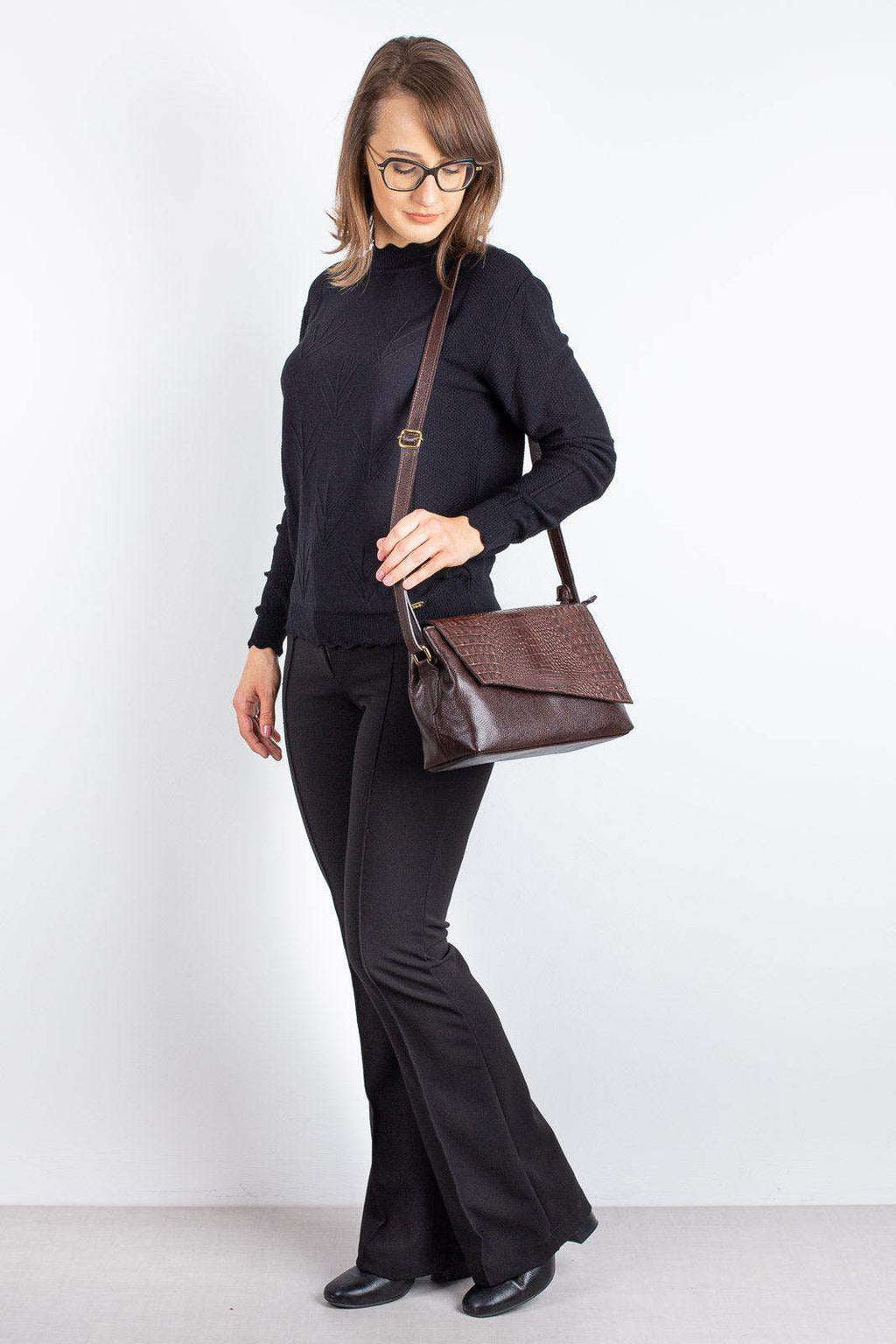 Bolsa tiracolo de couro croco com tampa Rose - Enluaze