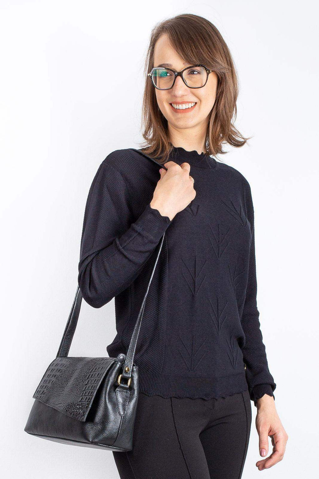 Bolsa tiracolo de couro croco com tampa Rose - Enluaze