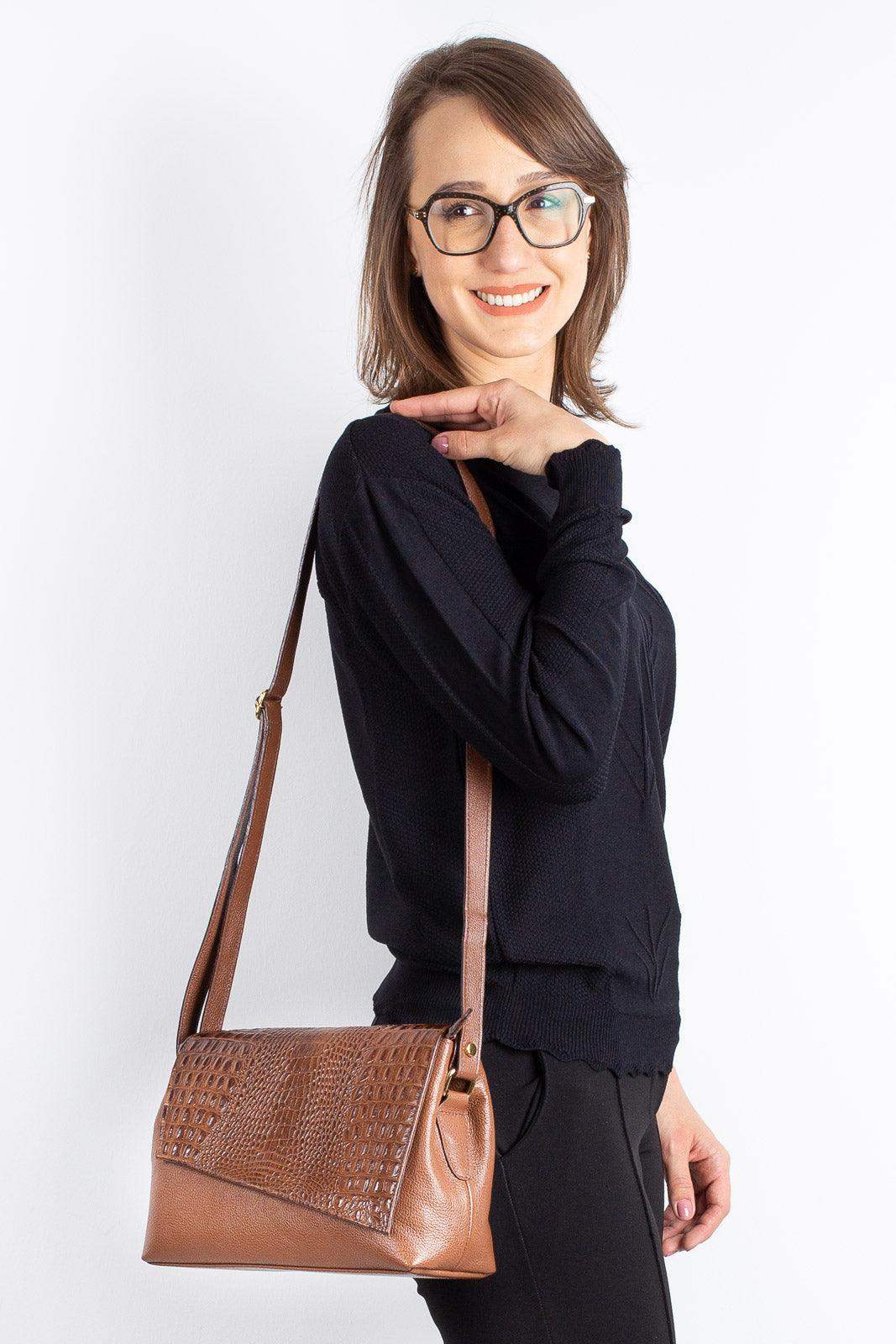 Bolsa tiracolo de couro croco com tampa Rose - Enluaze