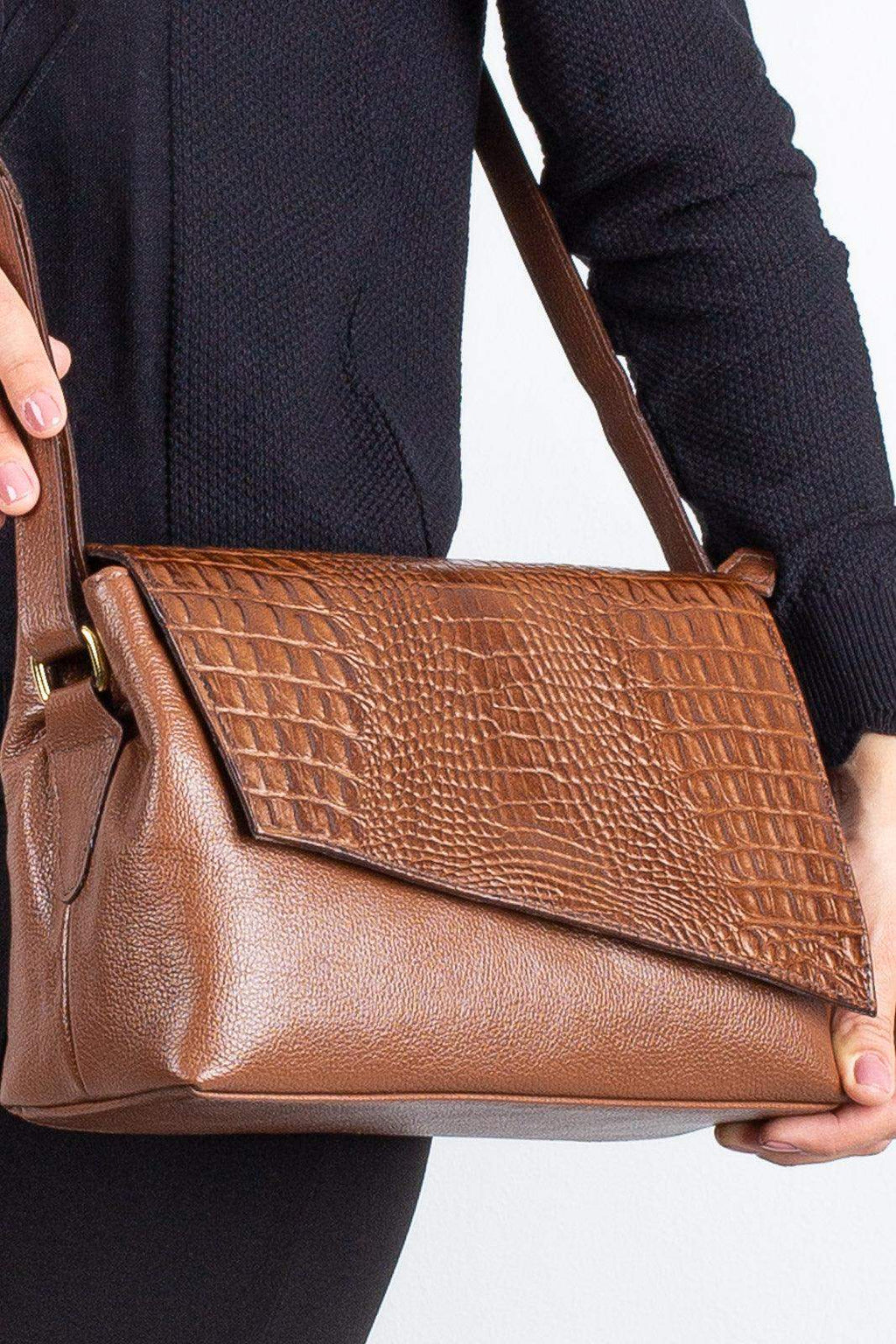 Bolsa tiracolo de couro croco com tampa Rose - Enluaze