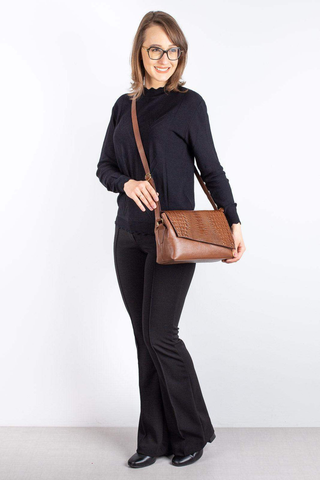 Bolsa tiracolo de couro croco com tampa Rose - Enluaze