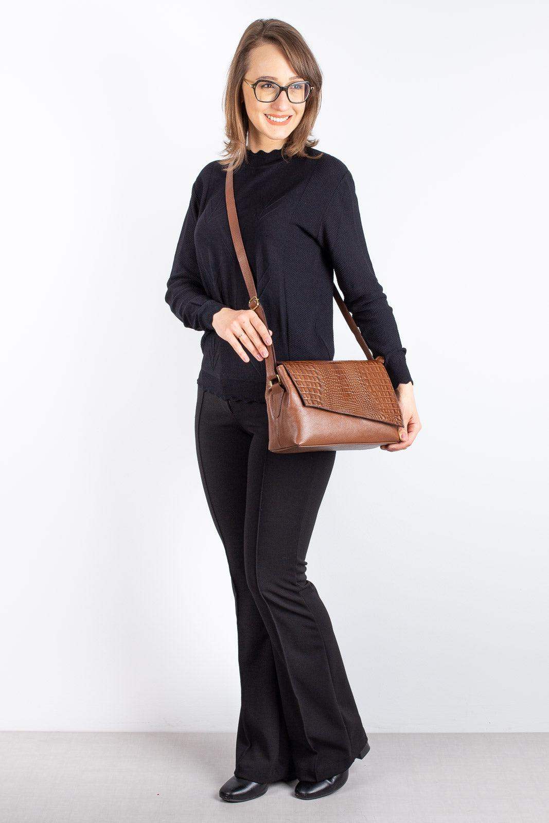 Bolsa tiracolo de couro croco com tampa Rose - Enluaze