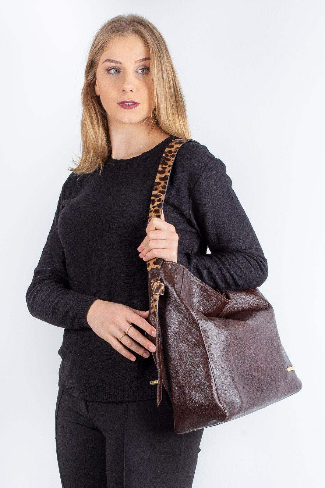 Bolsa sacola de ombro em couro estampado Mara - Enluaze